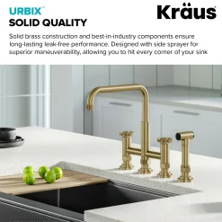 Discount Urbix Industrial Bridge Kitchen Faucet & Water Filter Faucet in Brushed Gold Water Filter Faucets|Bridge Faucets