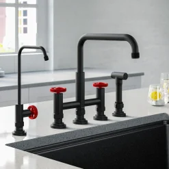 Best Urbix Industrial Bridge Kitchen Faucet & Water Filter Faucet in Matte Black/Red Water Filter Faucets|Bridge Faucets