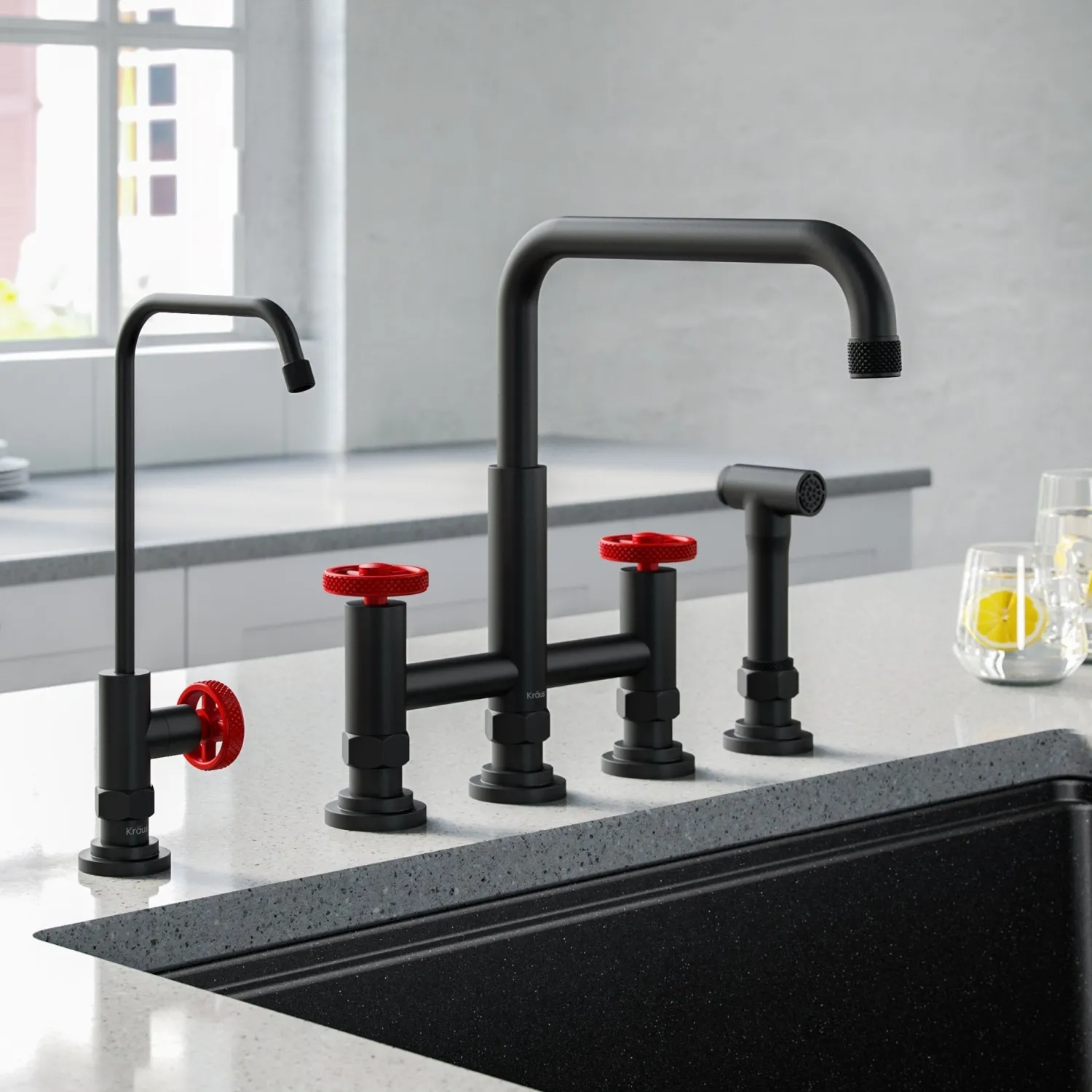 Best Urbix Industrial Bridge Kitchen Faucet & Water Filter Faucet in Matte Black/Red Water Filter Faucets|Bridge Faucets