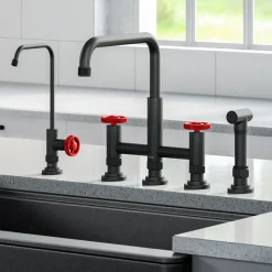 Best Urbix Industrial Bridge Kitchen Faucet & Water Filter Faucet in Matte Black/Red Water Filter Faucets|Bridge Faucets