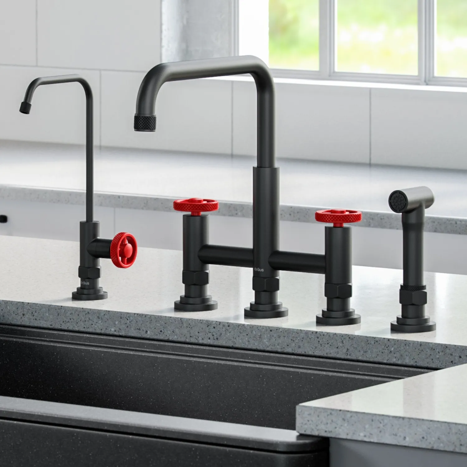Best Urbix Industrial Bridge Kitchen Faucet & Water Filter Faucet in Matte Black/Red Water Filter Faucets|Bridge Faucets