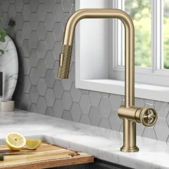 Online Urbix Industrial Pull-Down Single Handle Kitchen Faucet in Brushed Gold Single Hole