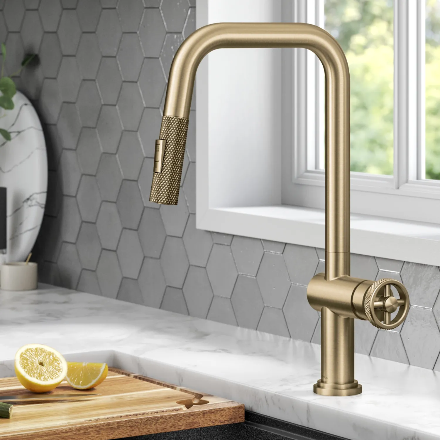 Online Urbix Industrial Pull-Down Single Handle Kitchen Faucet in Brushed Gold Single Hole