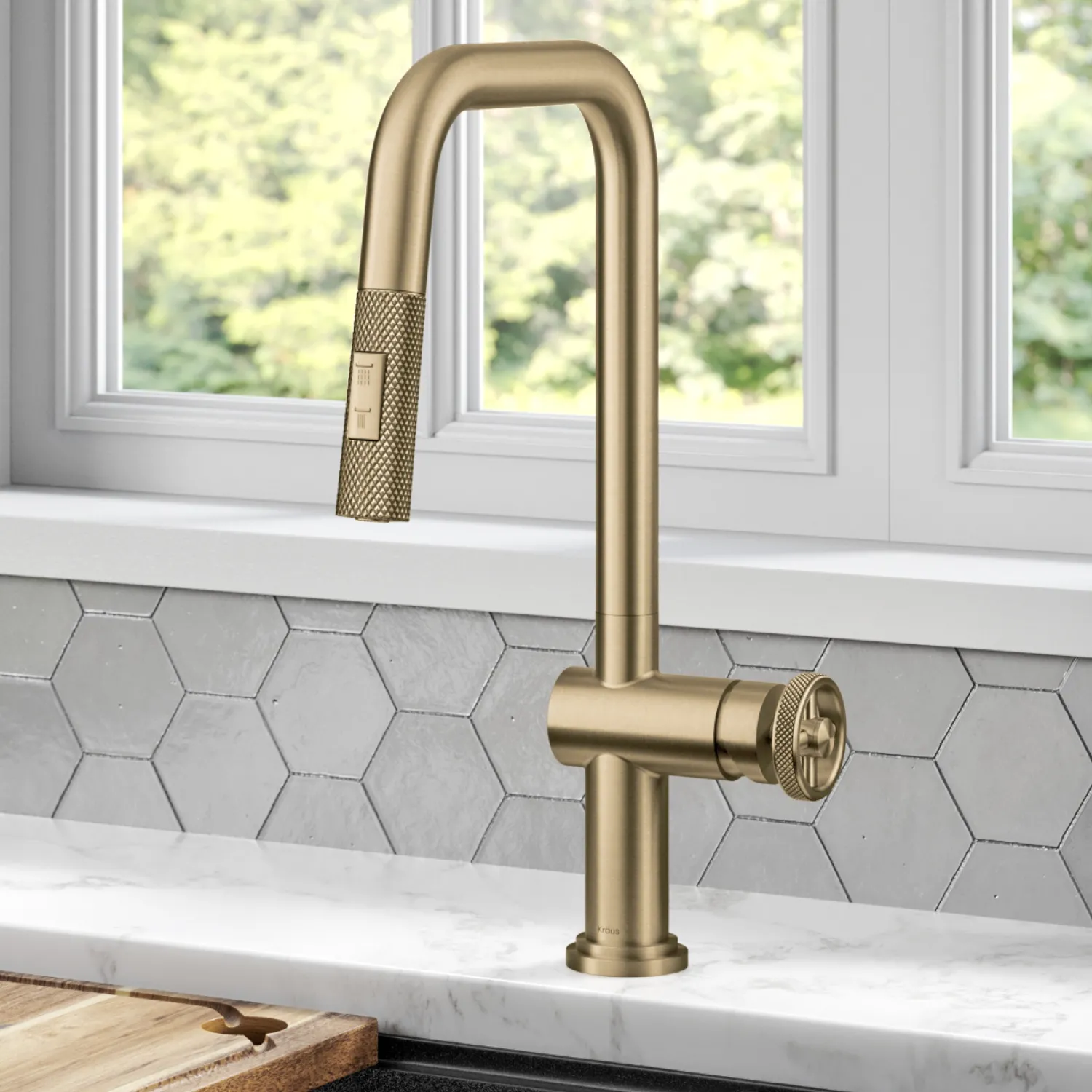 Online Urbix Industrial Pull-Down Single Handle Kitchen Faucet in Brushed Gold Single Hole
