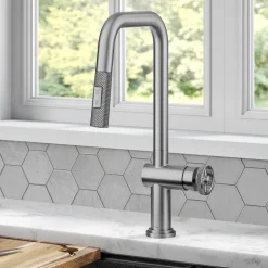Clearance Urbix Industrial Pull-Down Single Handle Kitchen Faucet in Spot Free Stainless Single Hole