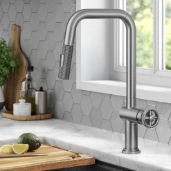 Clearance Urbix Industrial Pull-Down Single Handle Kitchen Faucet in Spot Free Stainless Single Hole