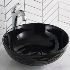 Viva Round Black Porcelain Ceramic Vessel Bathroom Sink with Pop-Up Drain Above Counter / Vessel Sinks