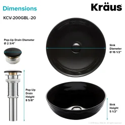 Viva Round Black Porcelain Ceramic Vessel Bathroom Sink with Pop-Up Drain Above Counter / Vessel Sinks