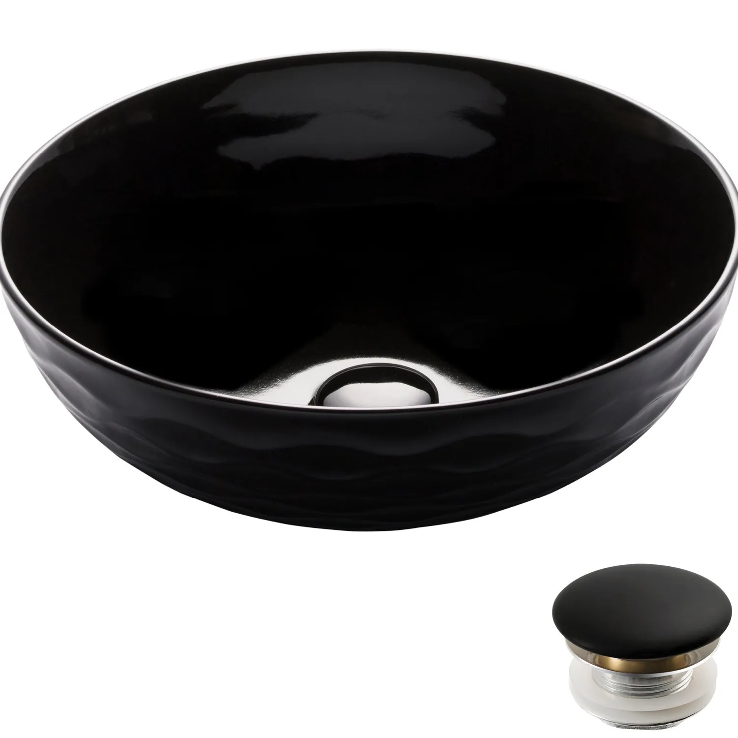 Viva Round Black Porcelain Ceramic Vessel Bathroom Sink with Pop-Up Drain Above Counter / Vessel Sinks