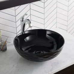 Viva Round Black Porcelain Ceramic Vessel Bathroom Sink with Pop-Up Drain Above Counter / Vessel Sinks