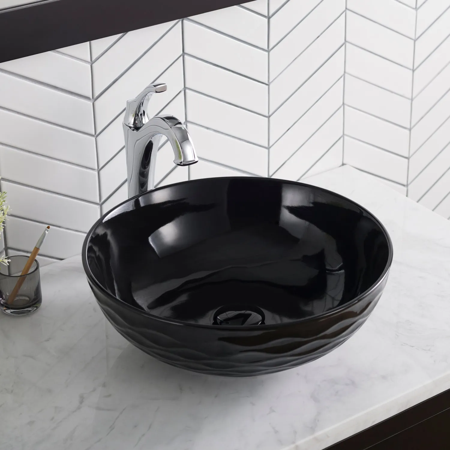 Viva Round Black Porcelain Ceramic Vessel Bathroom Sink with Pop-Up Drain Above Counter / Vessel Sinks