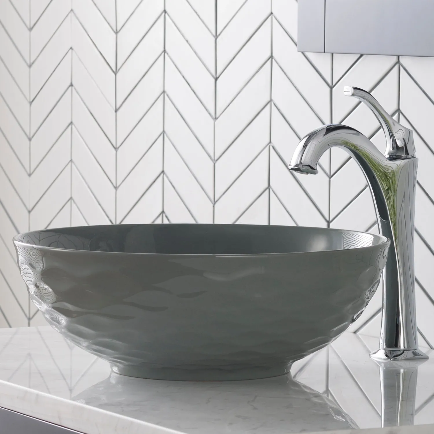 Clearance Viva Round Gray Porcelain Ceramic Vessel Bathroom Sink with Pop-Up Drain Above Counter / Vessel Sinks