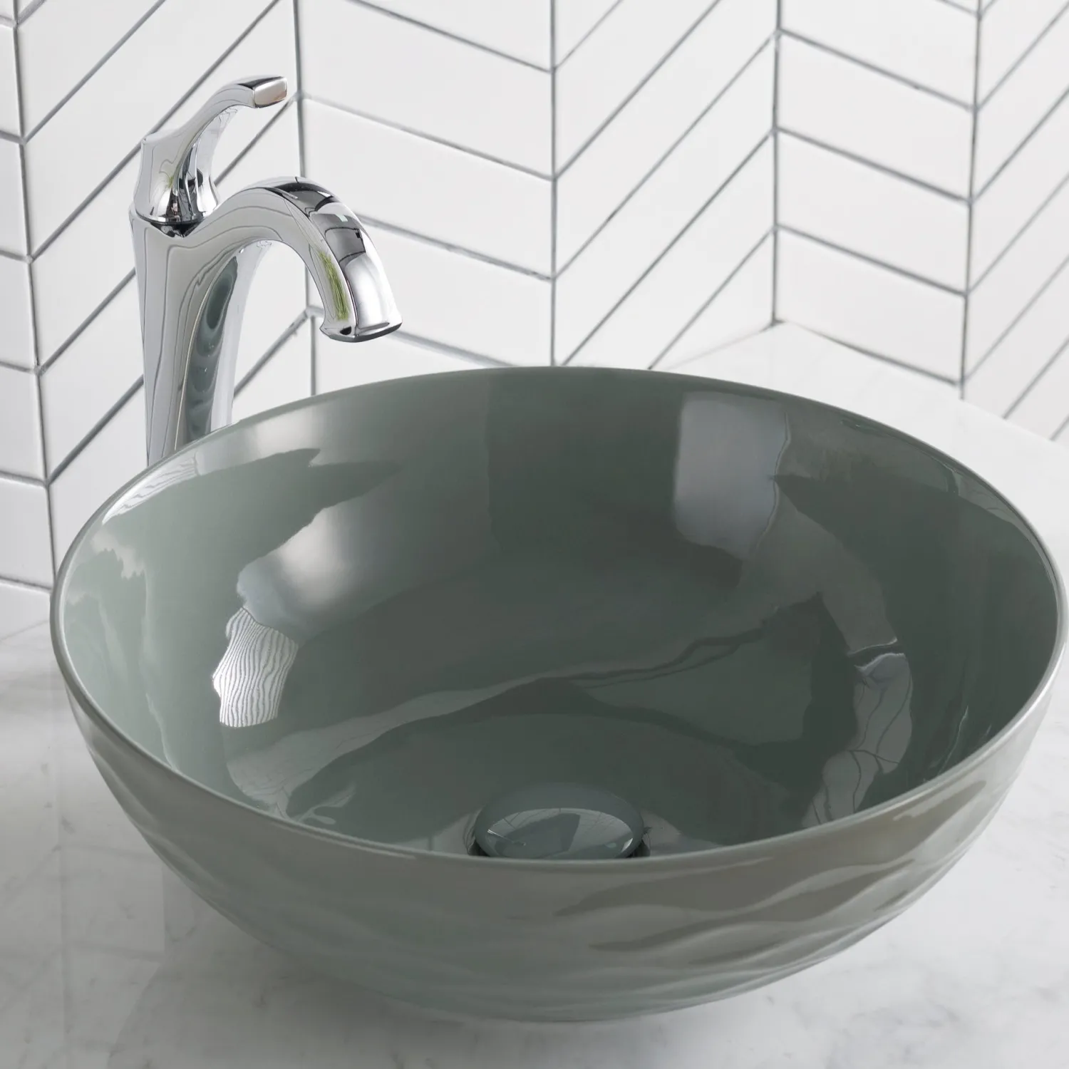 Clearance Viva Round Gray Porcelain Ceramic Vessel Bathroom Sink with Pop-Up Drain Above Counter / Vessel Sinks