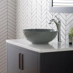 Clearance Viva Round Gray Porcelain Ceramic Vessel Bathroom Sink with Pop-Up Drain Above Counter / Vessel Sinks