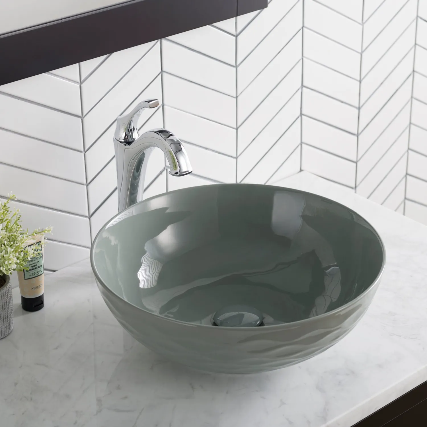 Clearance Viva Round Gray Porcelain Ceramic Vessel Bathroom Sink with Pop-Up Drain Above Counter / Vessel Sinks