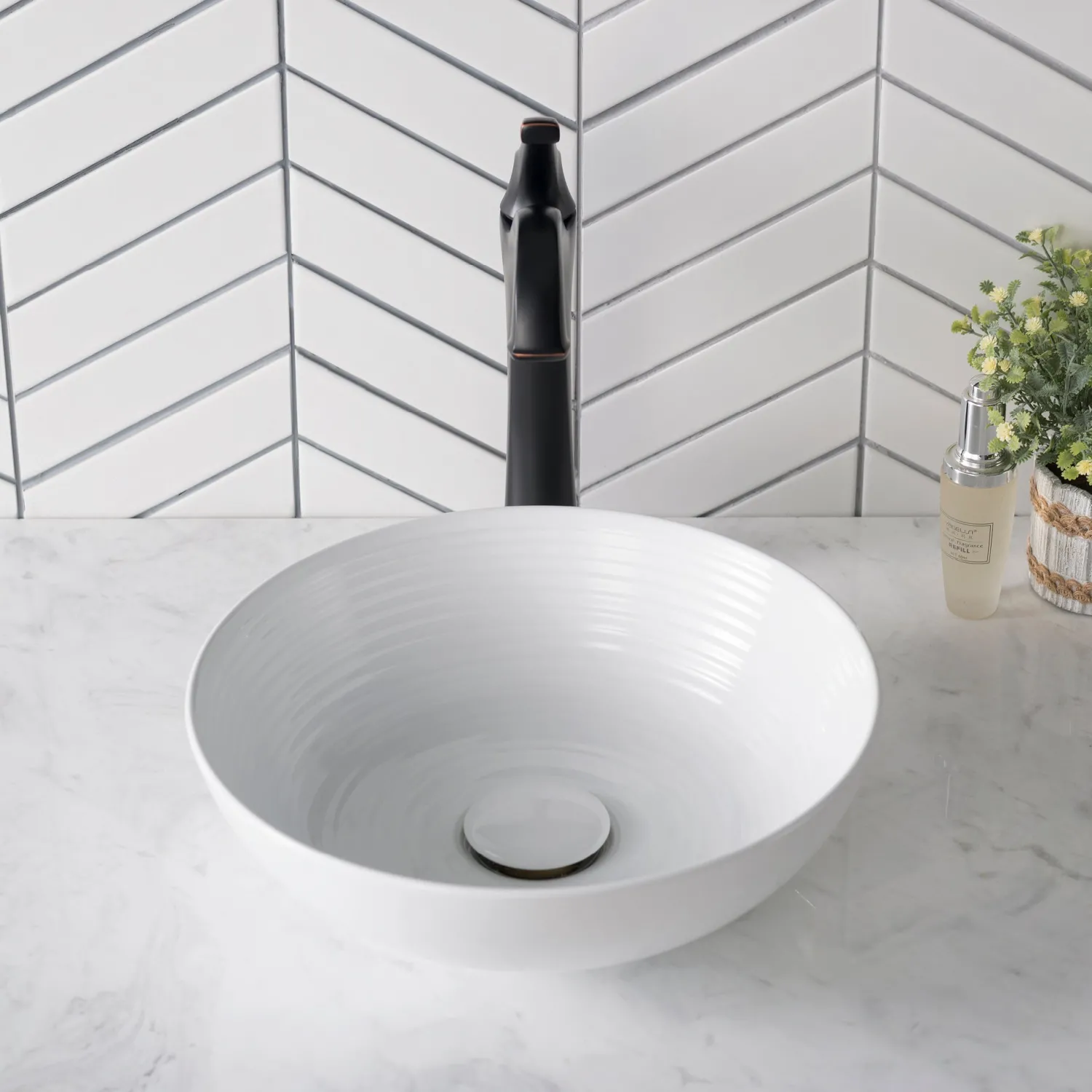 New Viva Round White Porcelain Ceramic Vessel Bathroom Sink with Pop-Up Drain, 13D x 4 3/8H Above Counter / Vessel Sinks