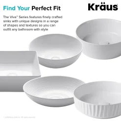 New Viva Round White Porcelain Ceramic Vessel Bathroom Sink with Pop-Up Drain, 13D x 4 3/8H Above Counter / Vessel Sinks