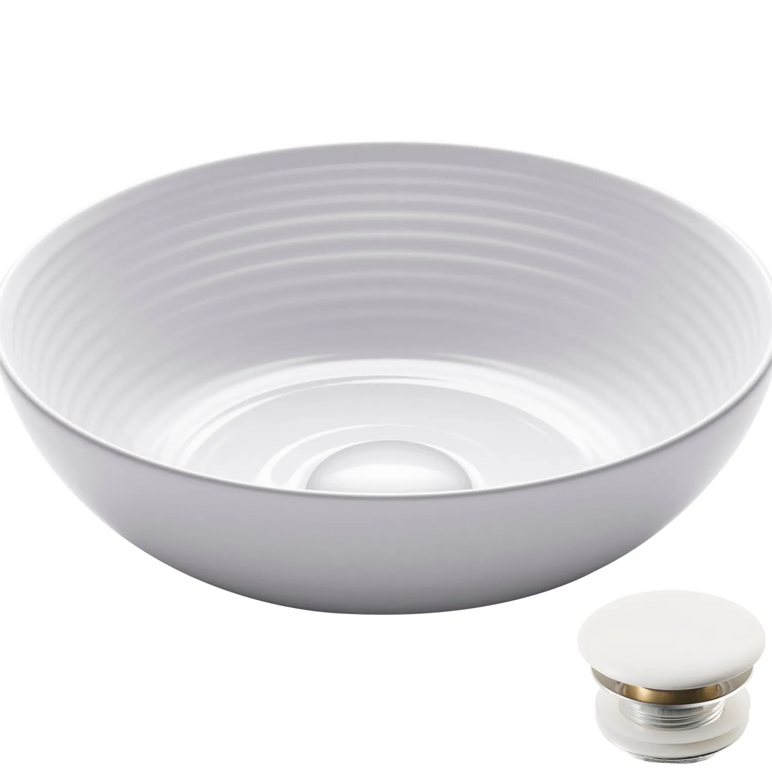 New Viva Round White Porcelain Ceramic Vessel Bathroom Sink with Pop-Up Drain, 13D x 4 3/8H Above Counter / Vessel Sinks