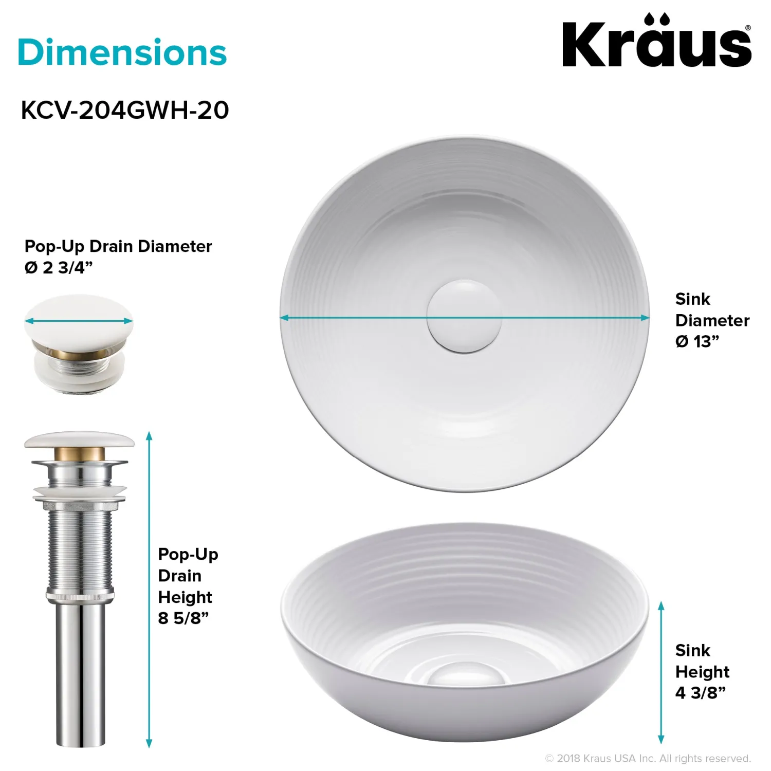 New Viva Round White Porcelain Ceramic Vessel Bathroom Sink with Pop-Up Drain, 13D x 4 3/8H Above Counter / Vessel Sinks