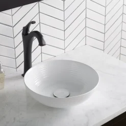 New Viva Round White Porcelain Ceramic Vessel Bathroom Sink with Pop-Up Drain, 13D x 4 3/8H Above Counter / Vessel Sinks