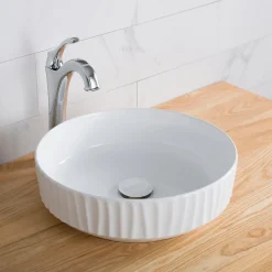 Clearance Viva Round White Porcelain Ceramic Vessel Bathroom Sink with Pop-Up Drain, 15 3/4D x 4 3/4H Above Counter / Vessel Sinks