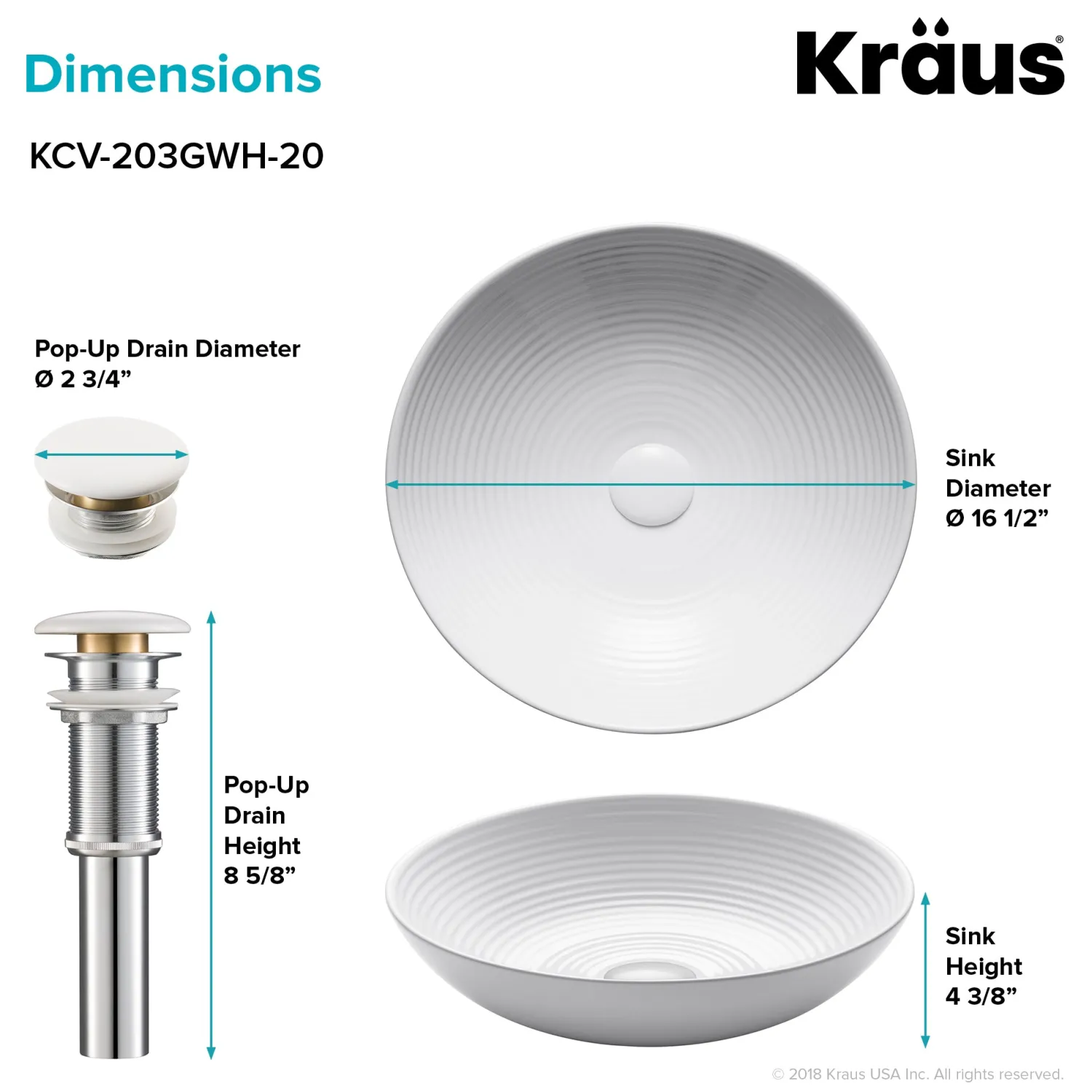 Best Viva Round White Porcelain Ceramic Vessel Bathroom Sink with Pop-Up Drain, 16 1/2D x 4 3/8H Above Counter / Vessel Sinks