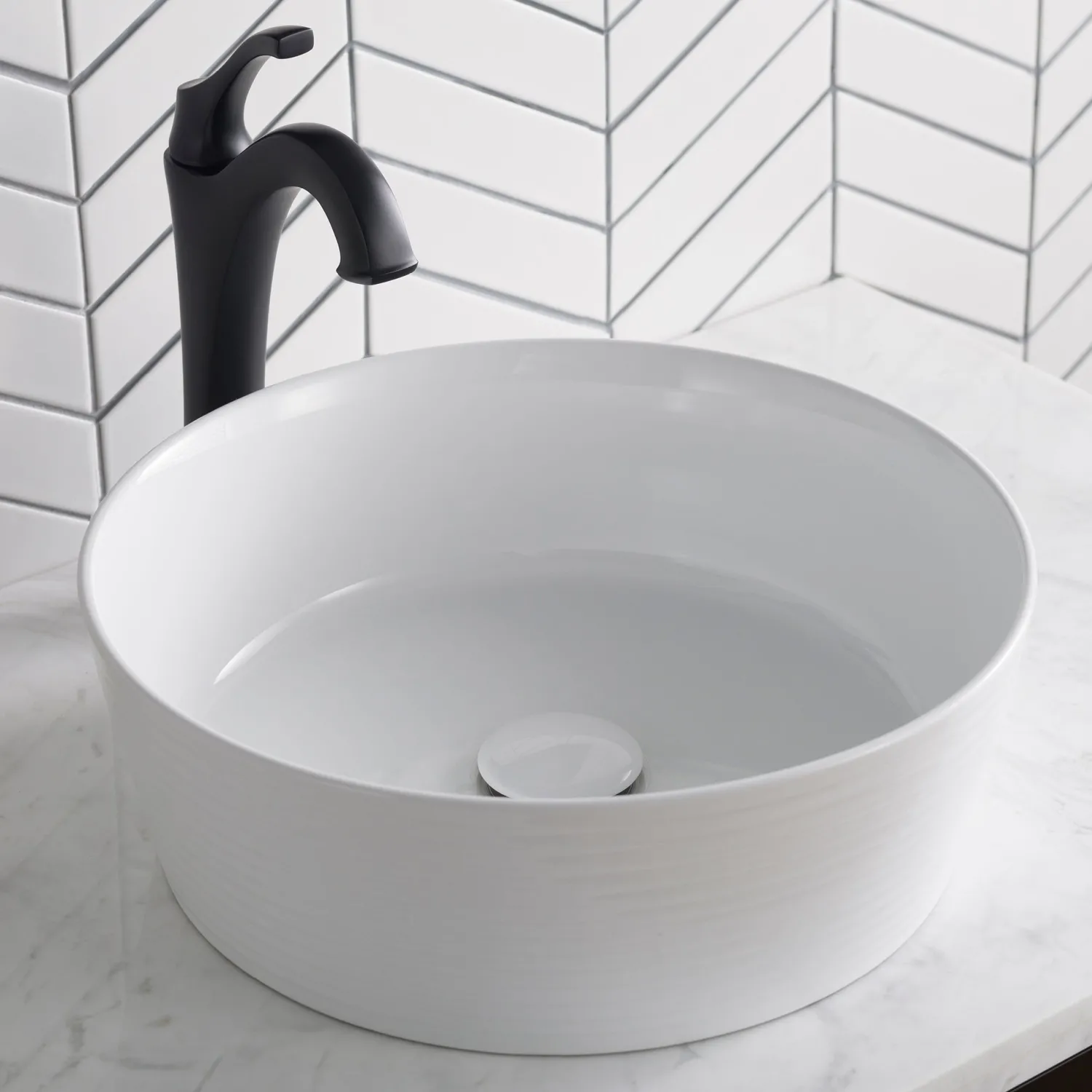 Discount Viva Round White Porcelain Ceramic Vessel Bathroom Sink with Pop-Up Drain, 15 3/4D x 5 3/8H Above Counter / Vessel Sinks