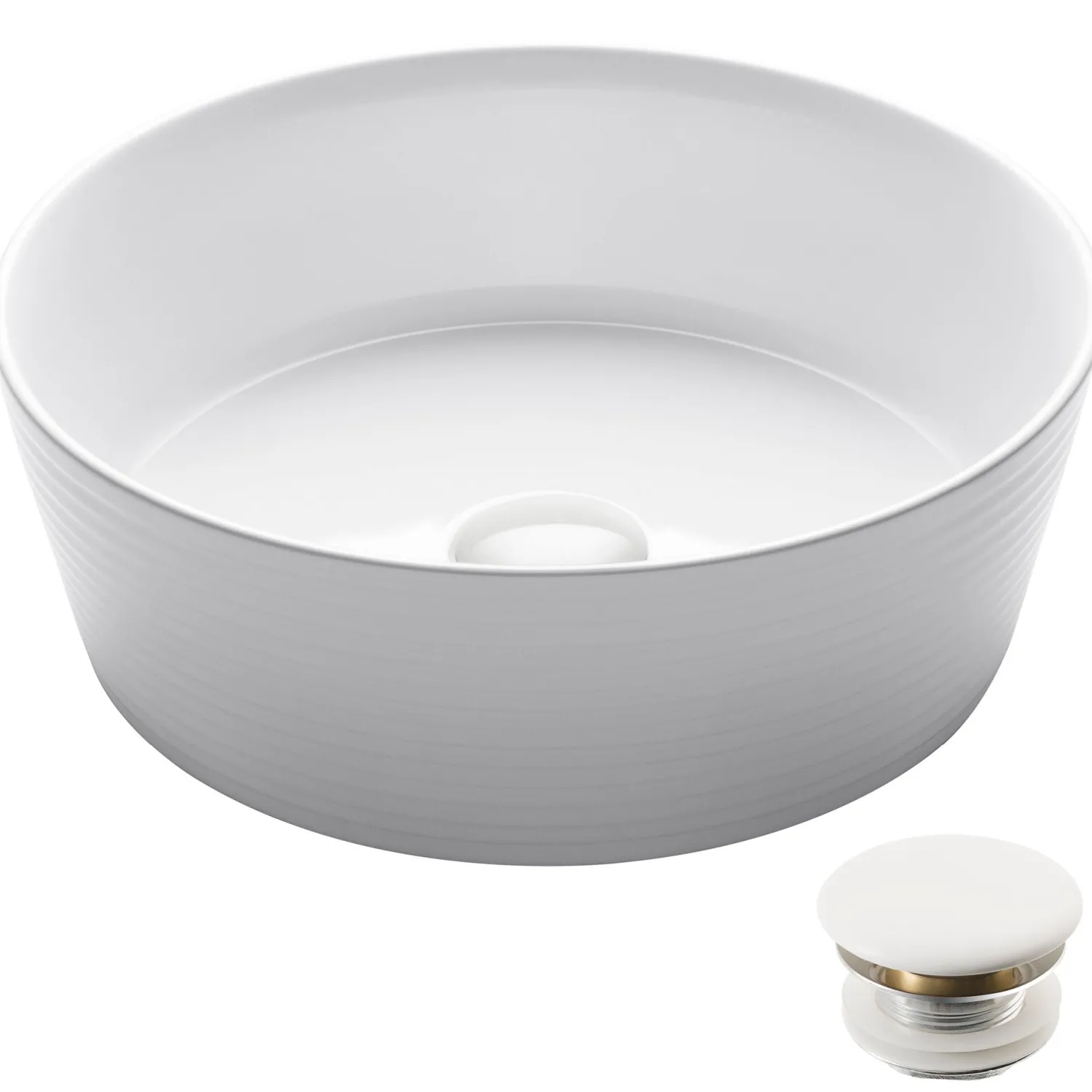 Discount Viva Round White Porcelain Ceramic Vessel Bathroom Sink with Pop-Up Drain, 15 3/4D x 5 3/8H Above Counter / Vessel Sinks