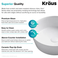 Discount Viva Round White Porcelain Ceramic Vessel Bathroom Sink with Pop-Up Drain, 15 3/4D x 5 3/8H Above Counter / Vessel Sinks