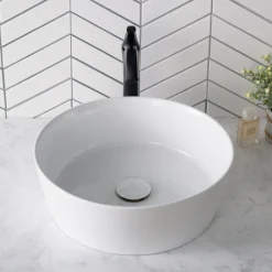 Discount Viva Round White Porcelain Ceramic Vessel Bathroom Sink with Pop-Up Drain, 15 3/4D x 5 3/8H Above Counter / Vessel Sinks