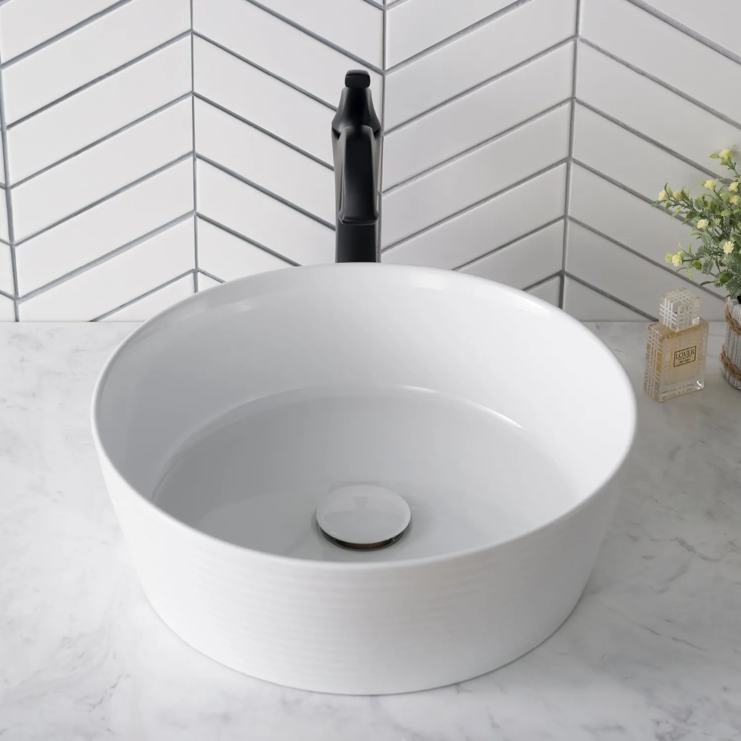 Discount Viva Round White Porcelain Ceramic Vessel Bathroom Sink with Pop-Up Drain, 15 3/4D x 5 3/8H Above Counter / Vessel Sinks