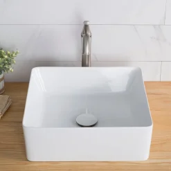 Outlet Viva Square White Porcelain Ceramic Vessel Bathroom Sink with Pop-Up Drain, 15 5/8L x 15 5/8W x 5 1/8H Above Counter / Vessel Sinks