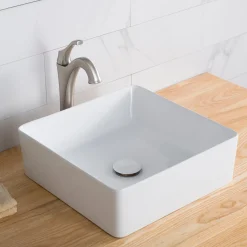 Outlet Viva Square White Porcelain Ceramic Vessel Bathroom Sink with Pop-Up Drain, 15 5/8L x 15 5/8W x 5 1/8H Above Counter / Vessel Sinks