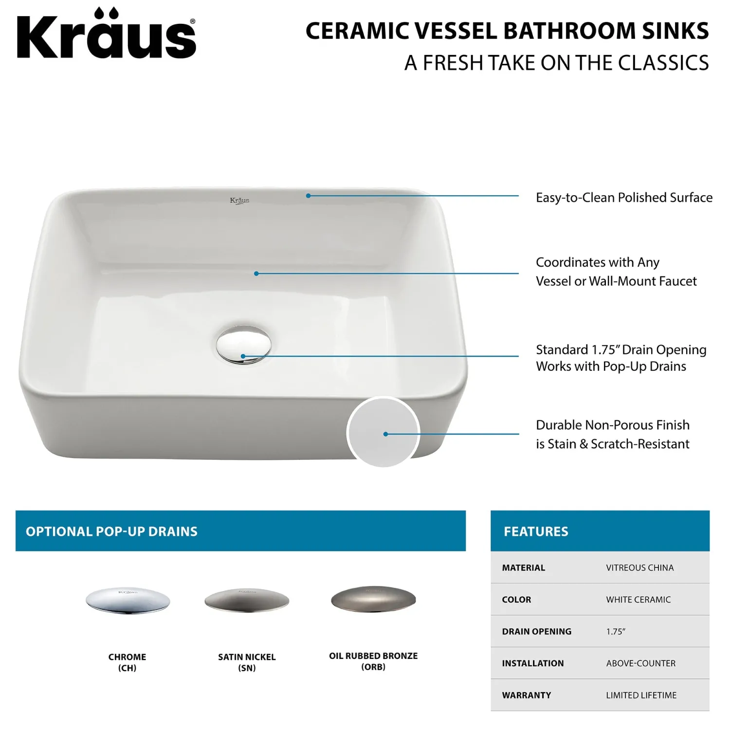 Online White Rectangular Ceramic Bathroom Sink with Pop Up Drain Above Counter / Vessel Sinks