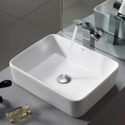 Online White Rectangular Ceramic Bathroom Sink with Pop Up Drain Above Counter / Vessel Sinks