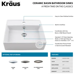 Sale White Square Ceramic Bathroom Sink and Pop Up Drain with Overflow Above Counter / Vessel Sinks