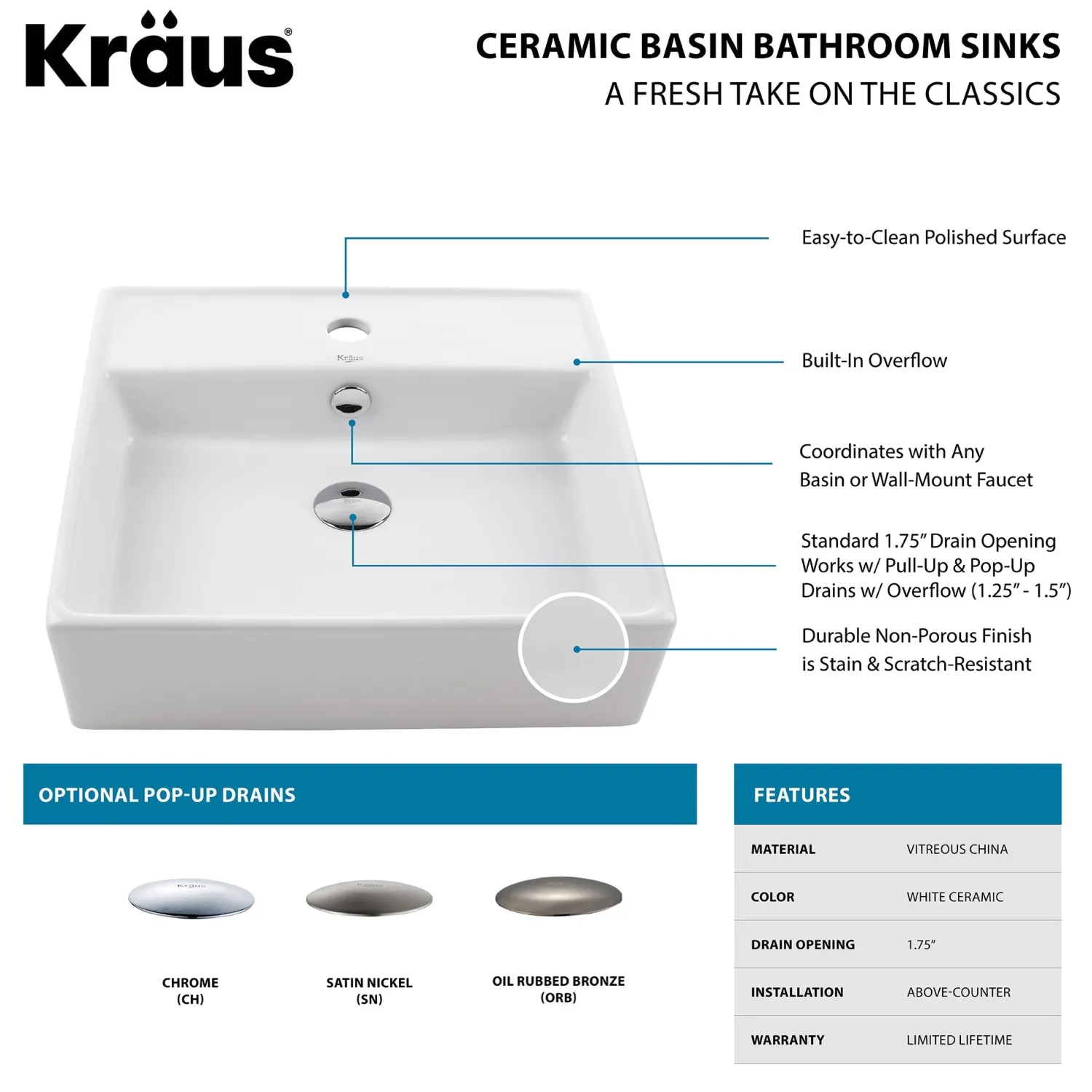 Sale White Square Ceramic Bathroom Sink and Pop Up Drain with Overflow Above Counter / Vessel Sinks