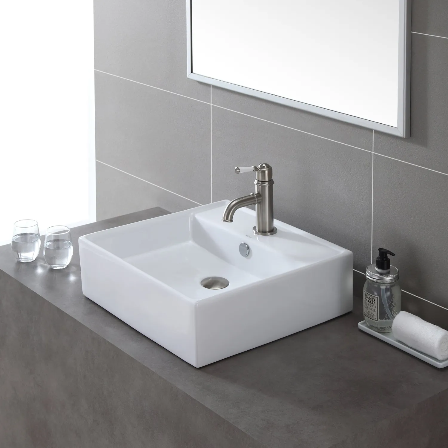 Sale White Square Ceramic Bathroom Sink and Pop Up Drain with Overflow Above Counter / Vessel Sinks