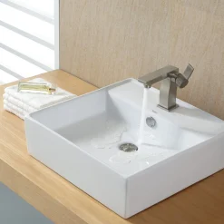 Sale White Square Ceramic Bathroom Sink and Pop Up Drain with Overflow Above Counter / Vessel Sinks