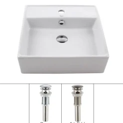 Sale White Square Ceramic Bathroom Sink and Pop Up Drain with Overflow Above Counter / Vessel Sinks