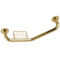 Meridian 10" x 12" Angled Stainless Steel Grab Bar with Soap Dish in Polished Brass Grab Bars
