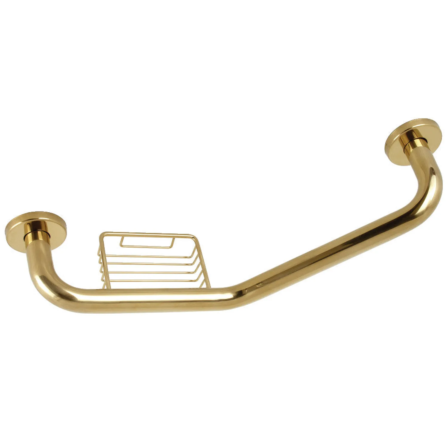 Meridian 10" x 12" Angled Stainless Steel Grab Bar with Soap Dish in Polished Brass Grab Bars
