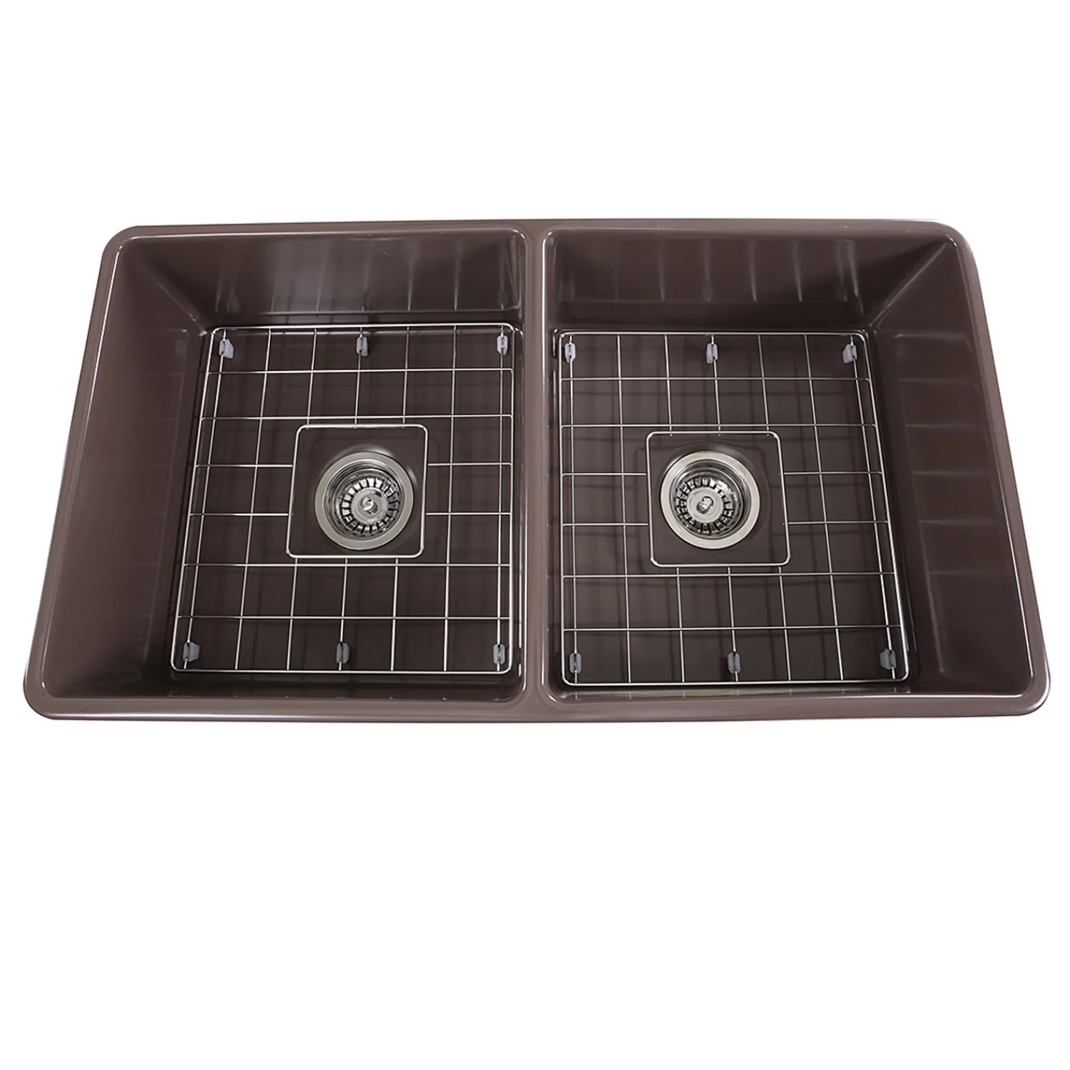 Sale 33" Double Bowl Coffee Brown Farmhouse Fireclay Kitchen Sink T-FCFS33CB-DBL Double Bowl Sinks|Apron Front / Farmhouse Sinks