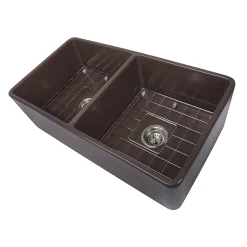 Sale 33" Double Bowl Coffee Brown Farmhouse Fireclay Kitchen Sink T-FCFS33CB-DBL Double Bowl Sinks|Apron Front / Farmhouse Sinks
