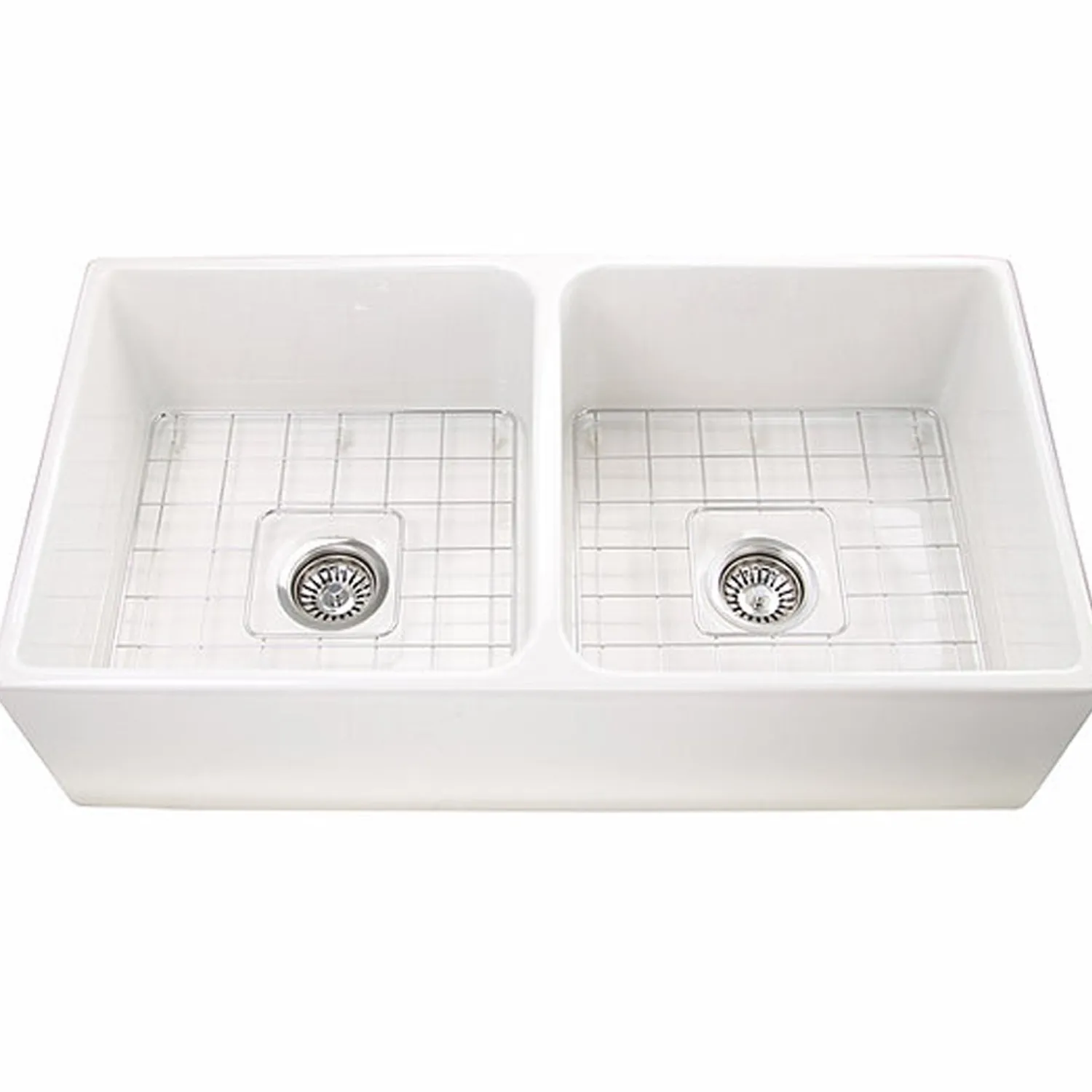 Clearance 36" Double Bowl Farmhouse Fireclay Sink with Drains and Grids Double Bowl Sinks|Undermount Sinks