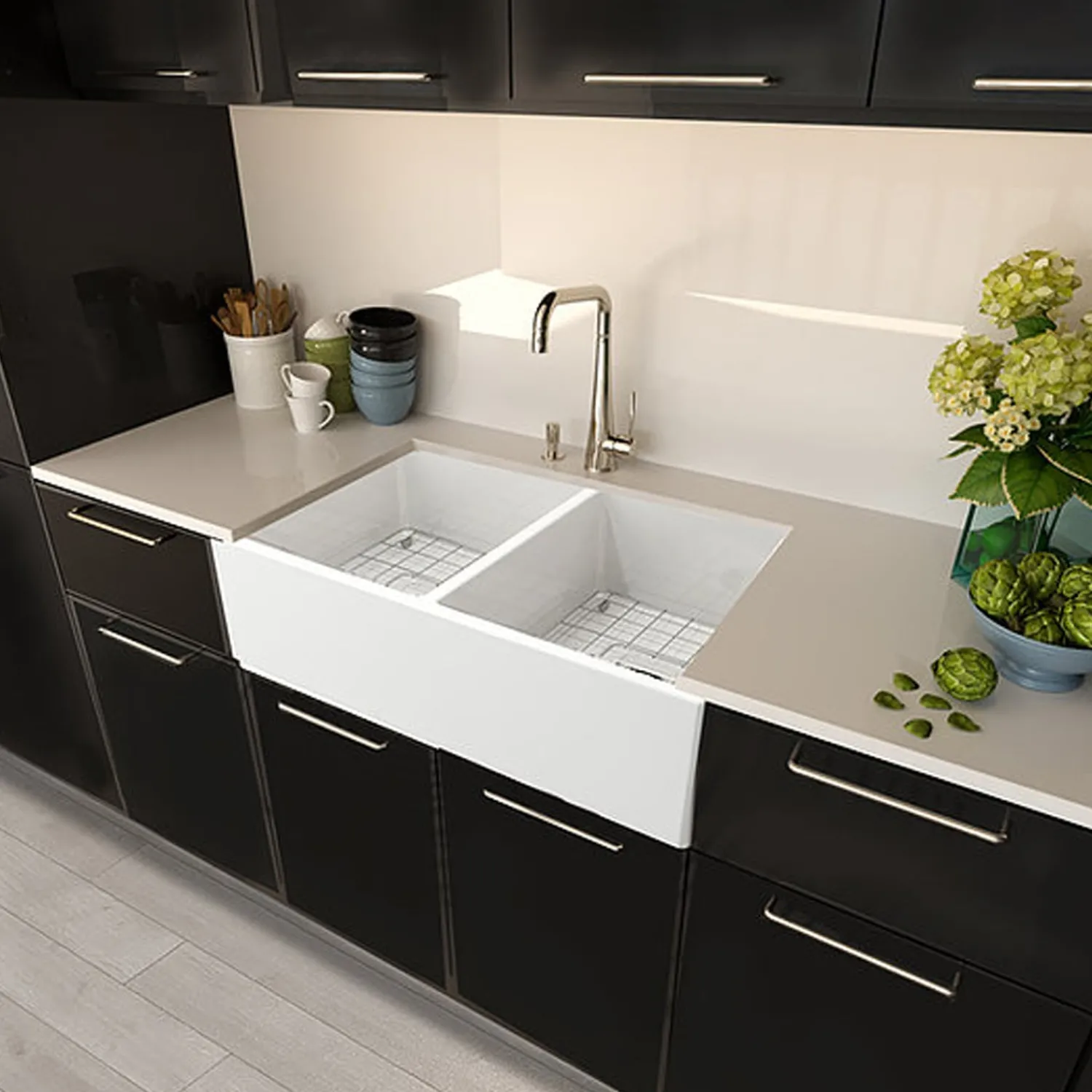 Clearance 36" Double Bowl Farmhouse Fireclay Sink with Drains and Grids Double Bowl Sinks|Undermount Sinks