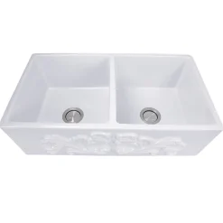 Best Double Bowl Farmhouse Fireclay Sink with Filigree Apron Double Bowl Sinks|Apron Front / Farmhouse Sinks