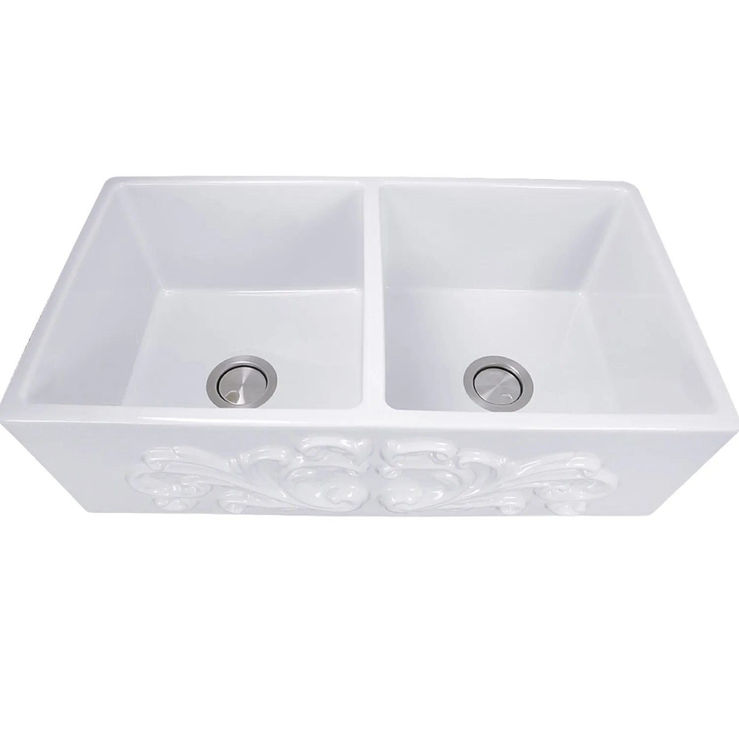 Best Double Bowl Farmhouse Fireclay Sink with Filigree Apron Double Bowl Sinks|Apron Front / Farmhouse Sinks