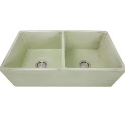 New Double Bowl Farmhouse Fireclay Sink with Shabby Green Finish Double Bowl Sinks|Apron Front / Farmhouse Sinks