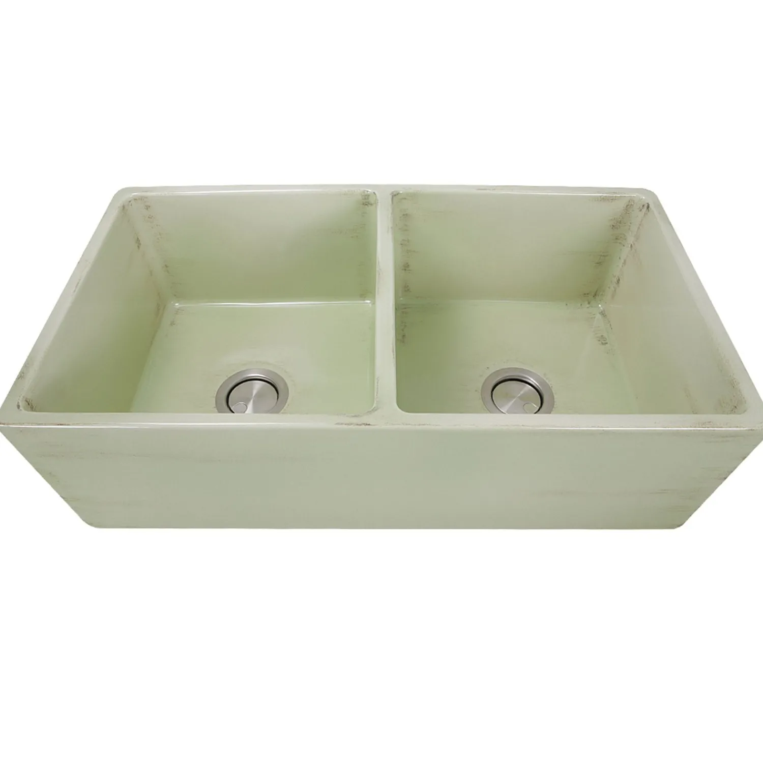 New Double Bowl Farmhouse Fireclay Sink with Shabby Green Finish Double Bowl Sinks|Apron Front / Farmhouse Sinks